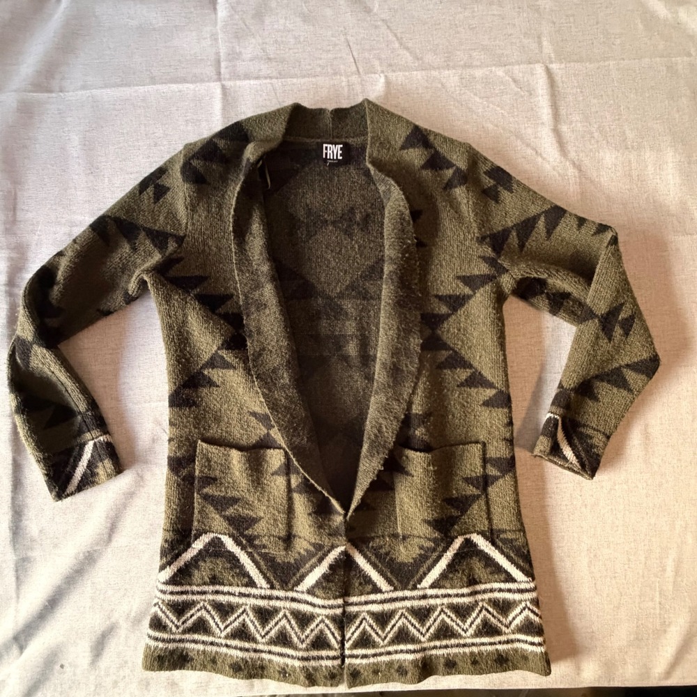 Frye Womens Olive Green Southwestern Geometric Open Front Cardigan Sweater Small